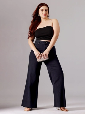 Nature Lover Party Look Women's Black High-Rise Clean-Look Stretchable Wide-Leg Denim Jeans