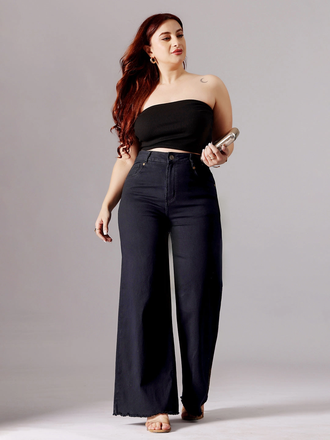 Women's Black High-Rise Clean-Look Stretchable Wide-Leg Denim Jeans Youth Style Office Wear Rainy Day Everyday