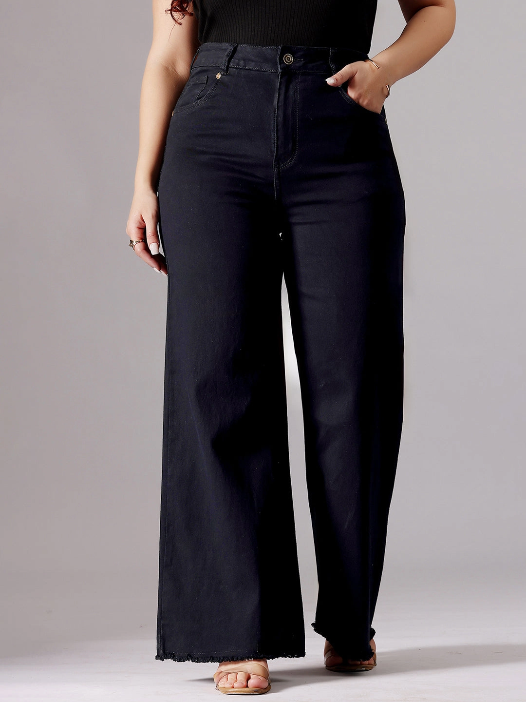 Go-To Basic Women's Black High-Rise Clean-Look Stretchable Wide-Leg Denim Jeans