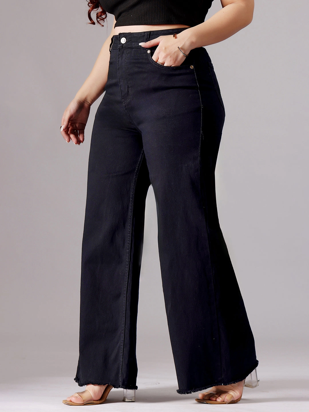Women's Black High-Rise Clean-Look Stretchable Wide-Leg Denim Jeans Comfort Stretch Technology Couple Look Athlete Fit Festival Outfit