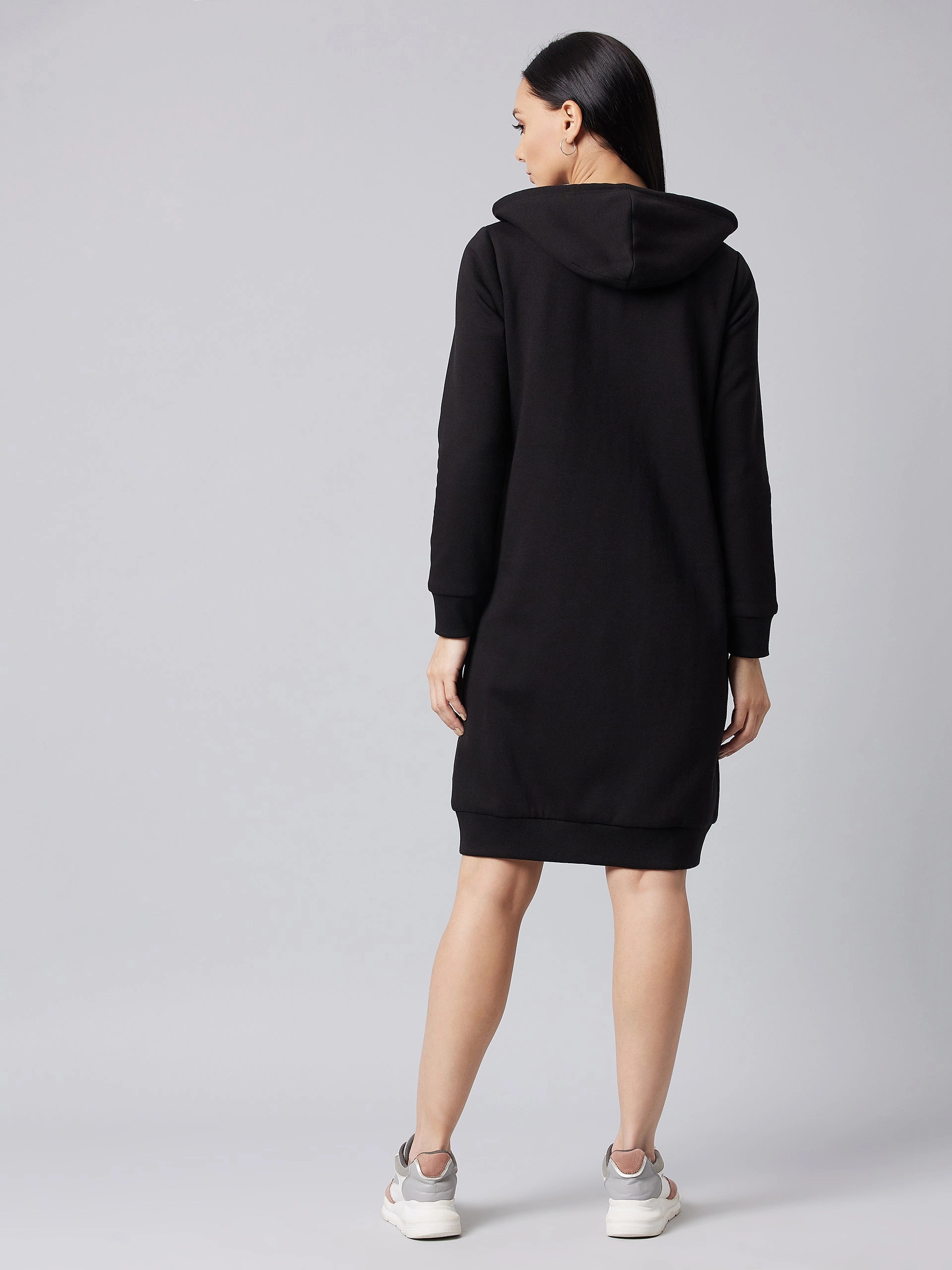 Fresh Color Relaxed Waistband Women's Black Hooded Full Sleeve Solid Knee Length Dress
