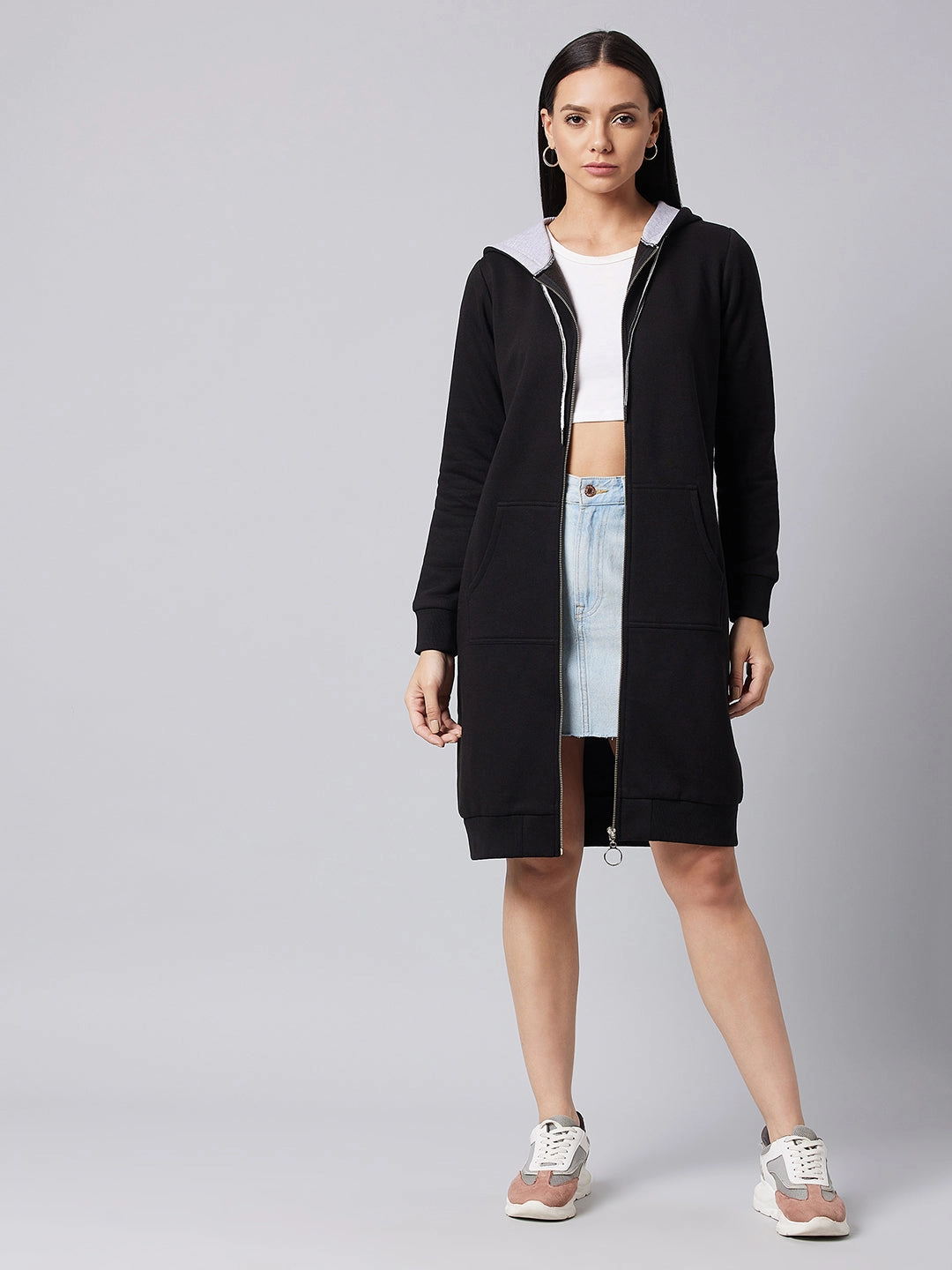 Sophisticated and Relaxed Women's Black Hooded Full Sleeve Solid Knee Length Dress