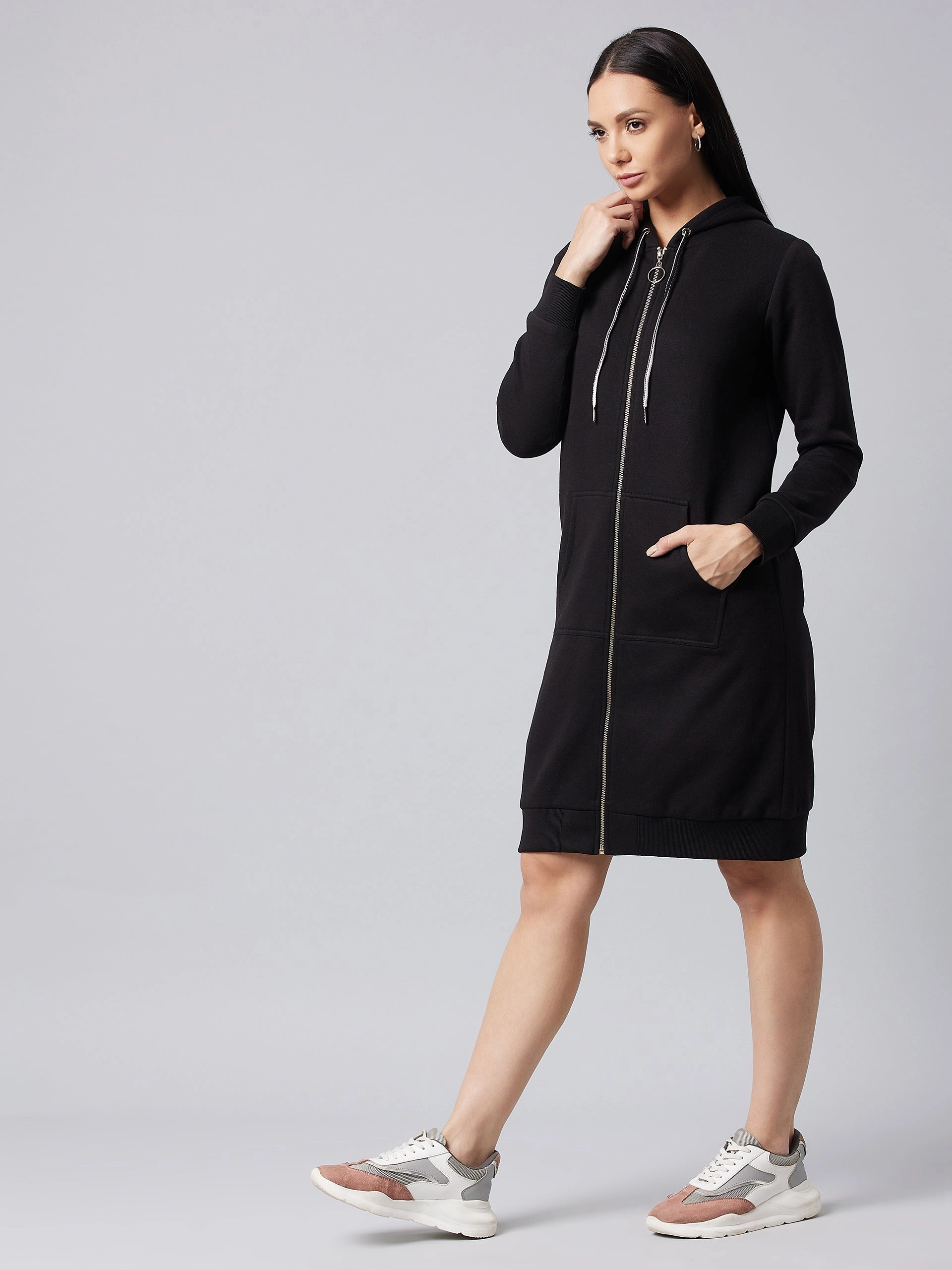 Women's Black Hooded Full Sleeve Solid Knee Length Dress Mood Comfort