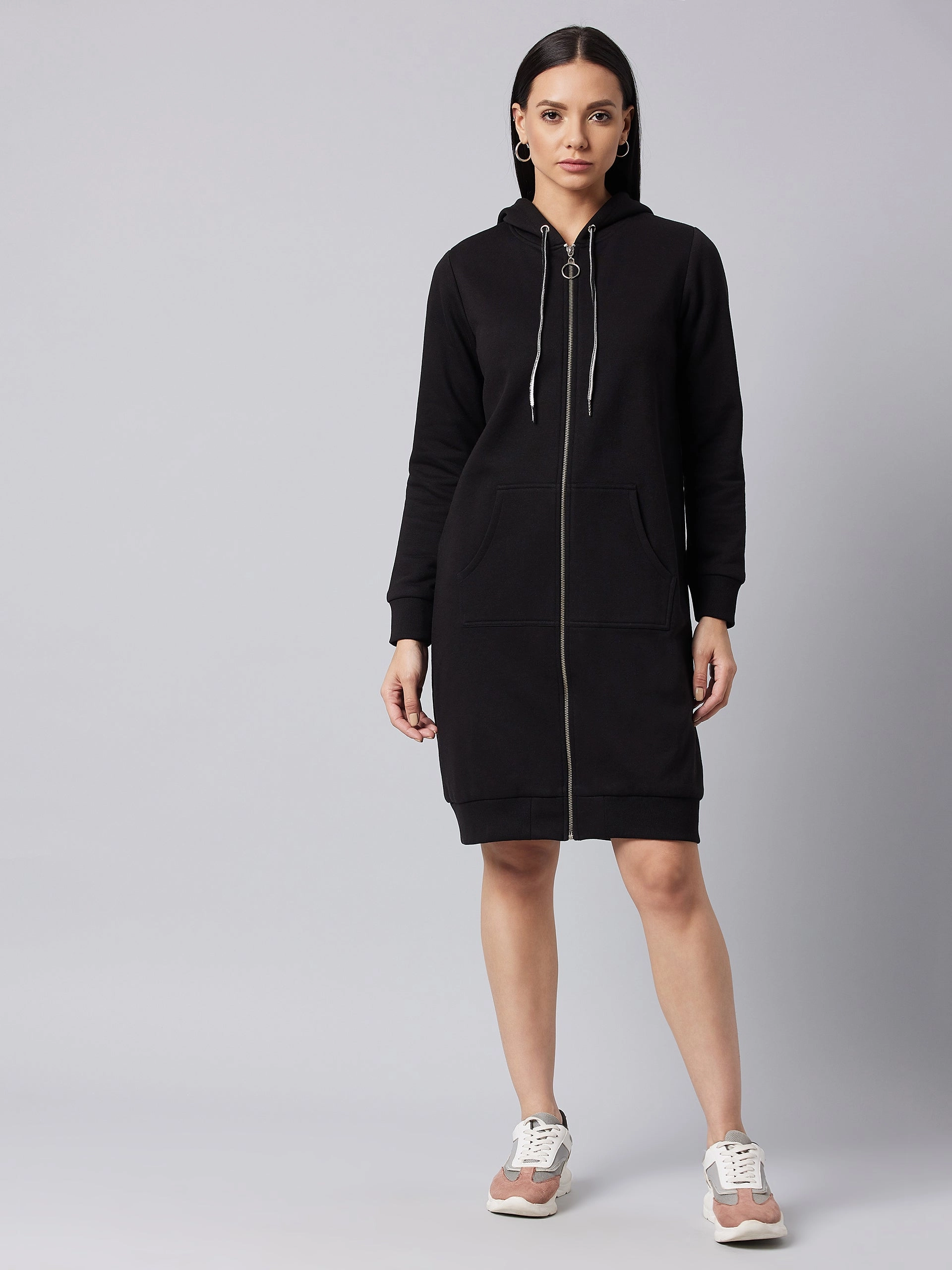 Lightweight Layer Women's Black Hooded Full Sleeve Solid Knee Length Dress