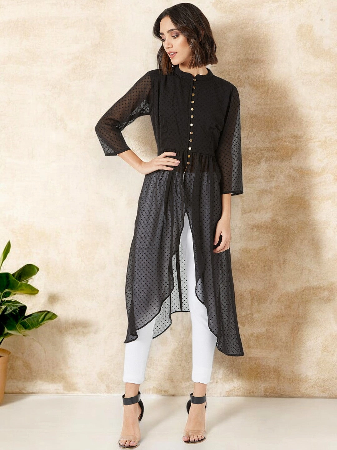 Women's Black Mandarin Collar 3/4 Sleeves Solid Front-Open Maxi Top UPF Protective Fabric