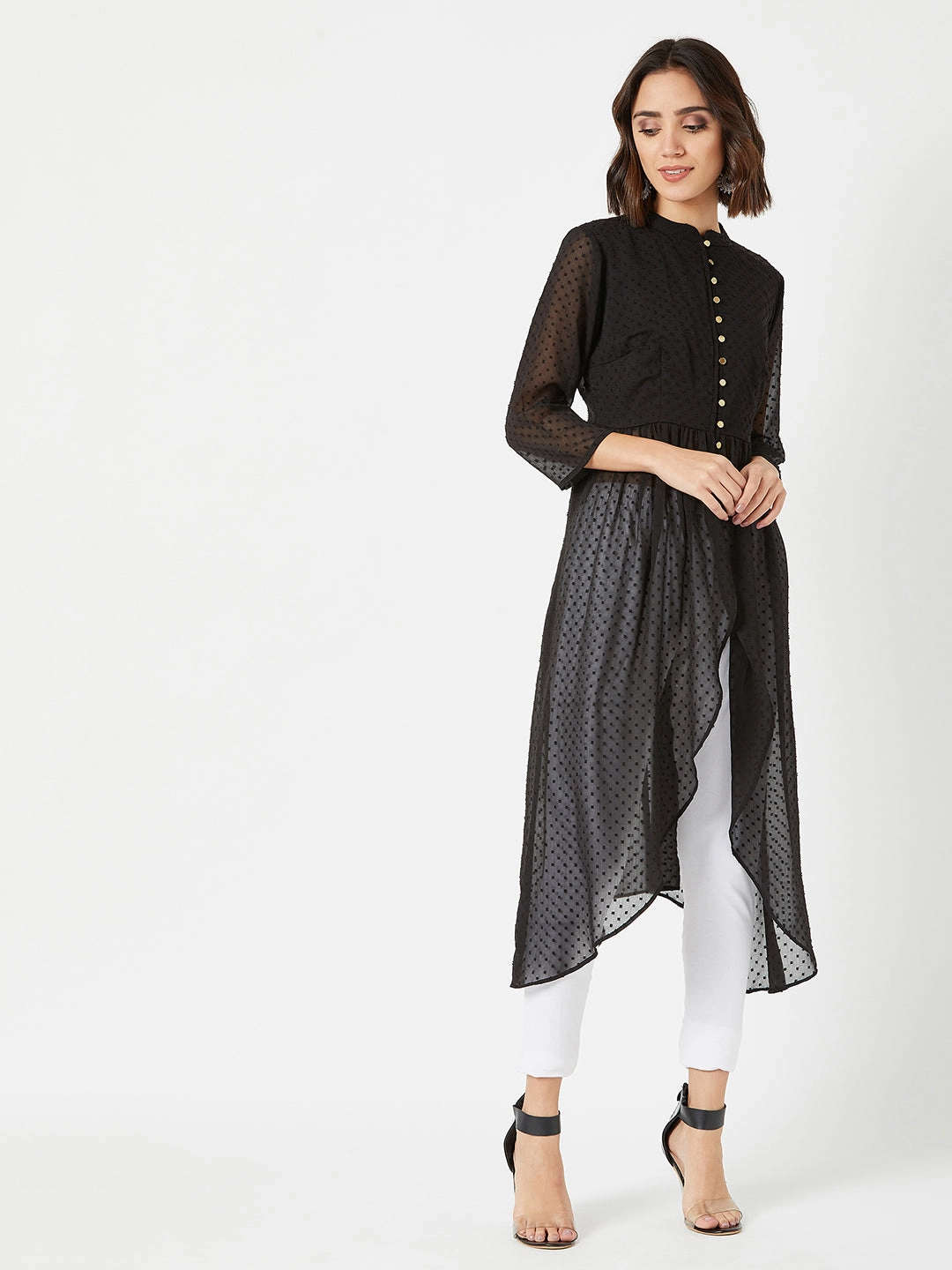 Women's Black Mandarin Collar 3/4 Sleeves Solid Front-Open Maxi Top Eco Conscious Dye Process