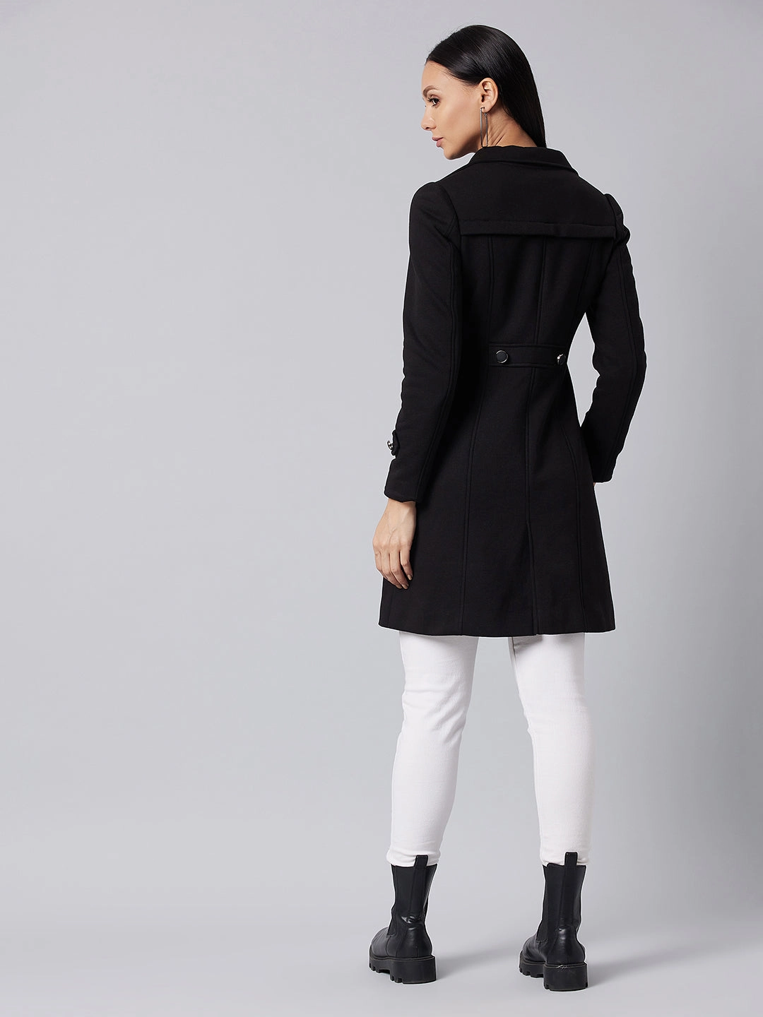 Women's Black Notch Collar Full Sleeve Solid Front-Open Longline Jacket Sporty Layers Seasonal Trend