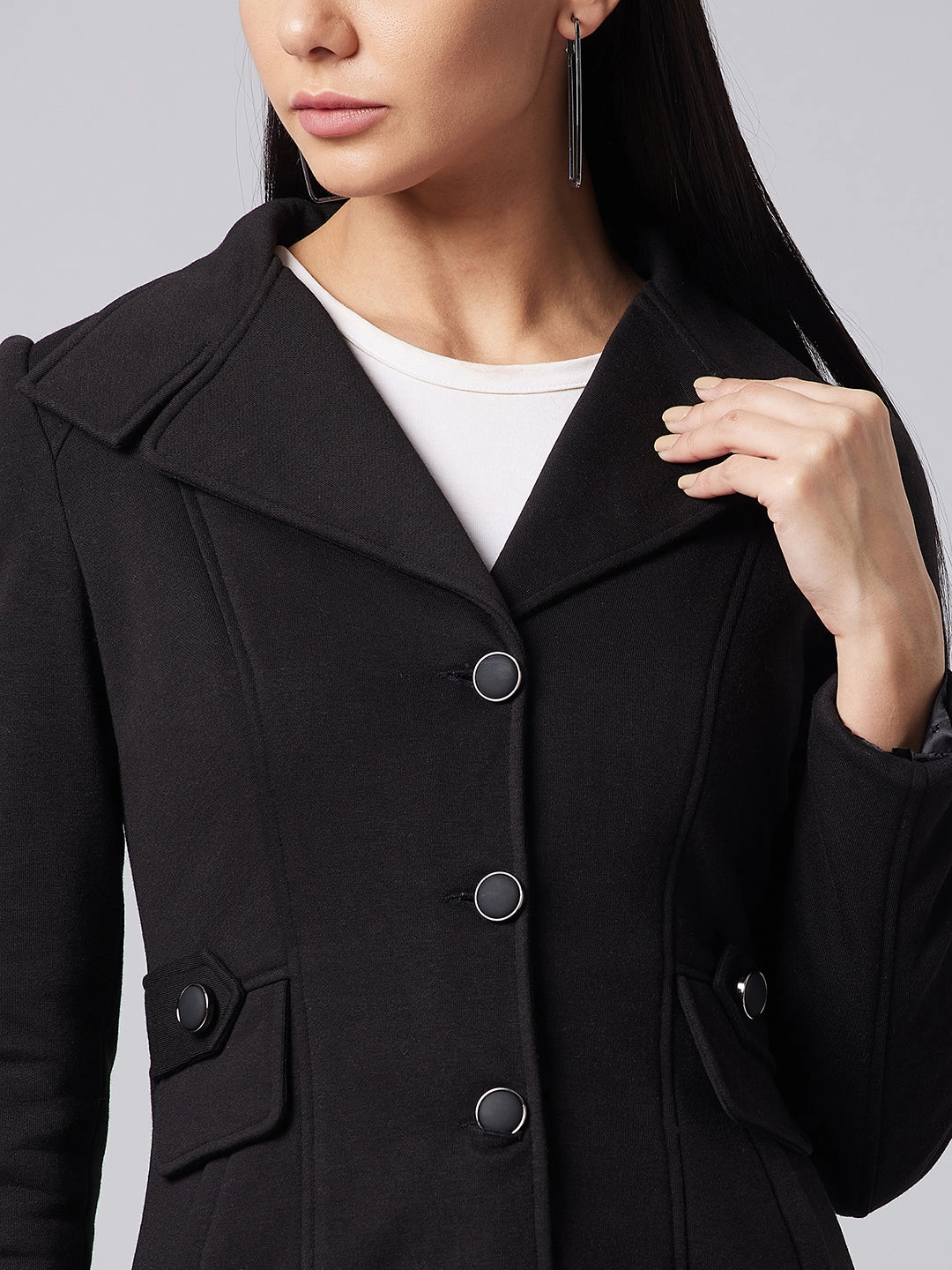 Snap Closures Odor Resistant Treatment Women's Black Notch Collar Full Sleeve Solid Front-Open Longline Jacket