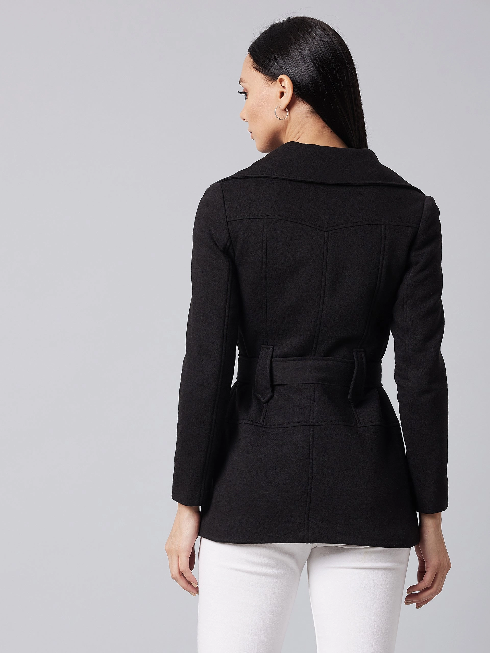 Women's Black Notch Collar Full Sleeve Solid Safari Longline Jacket Secure Internal Pockets