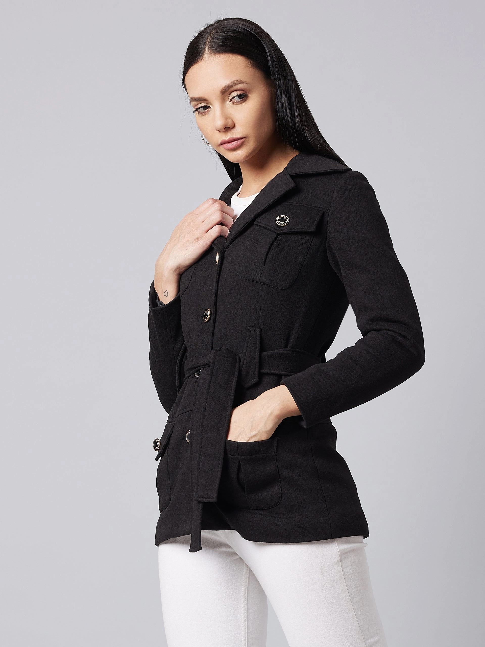 Women's Black Notch Collar Full Sleeve Solid Safari Longline Jacket Simple Look Sleek Outer