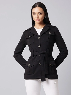 Women's Black Notch Collar Full Sleeve Solid Safari Longline Jacket Abrasion Resistant Edging Non Restrictive Silhouette