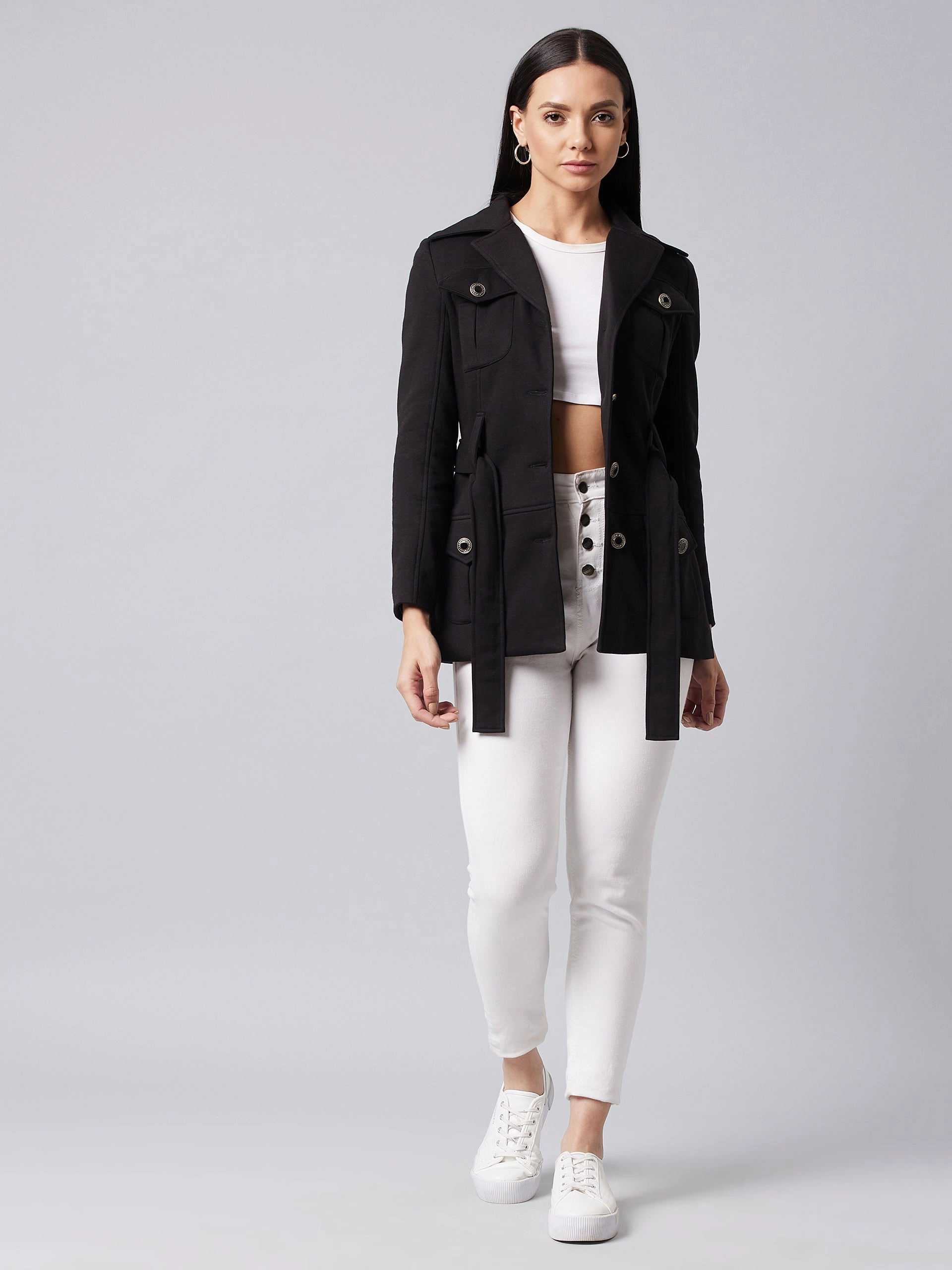 Women's Black Notch Collar Full Sleeve Solid Safari Longline Jacket Zip Pockets