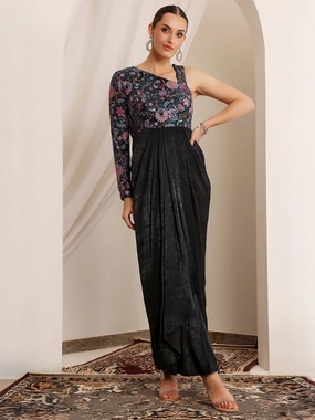 Bold Simplicity Women's Black One-Shoulder Full Sleeve Embroidered Pleated Satin Maxi Dress