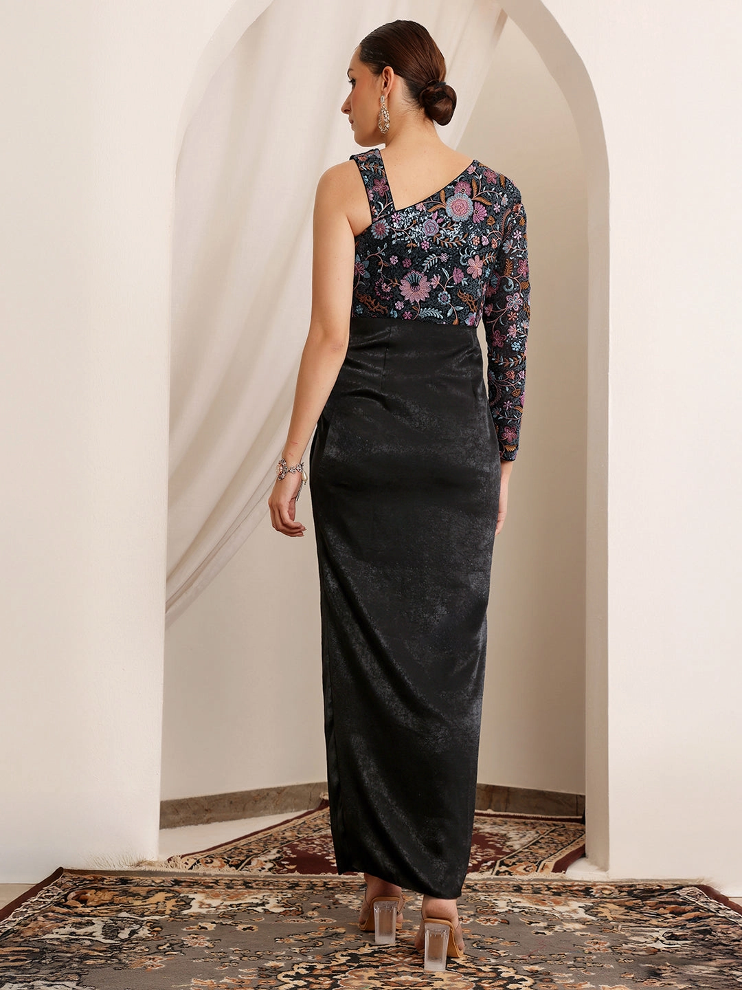 Women's Black One-Shoulder Full Sleeve Embroidered Pleated Satin Maxi Dress Smart Fabric Basic Fashion