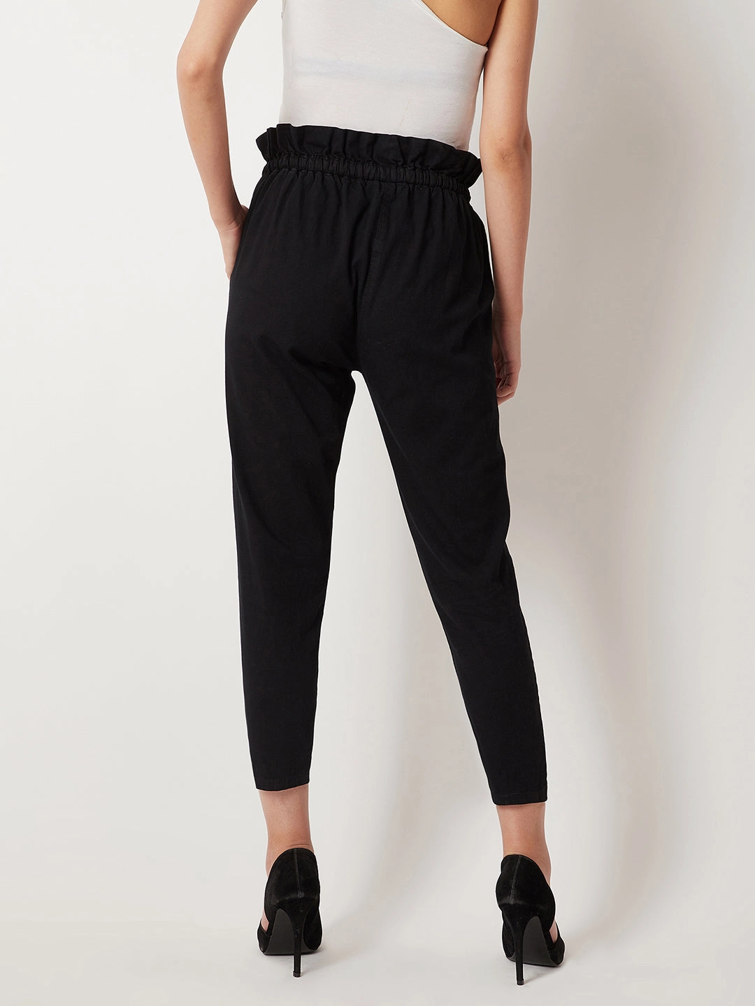 Sporty Design Women's Black Pleated Front High-Rise Clean-Look Ankle length Stretchable Denim Paper Bag Pants