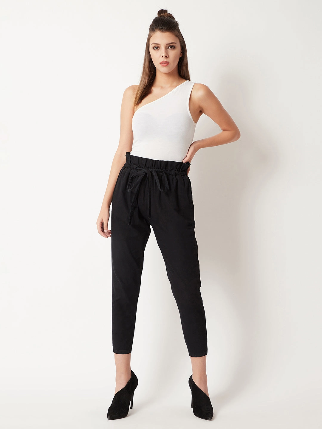 Active Layers Women's Black Pleated Front High-Rise Clean-Look Ankle length Stretchable Denim Paper Bag Pants