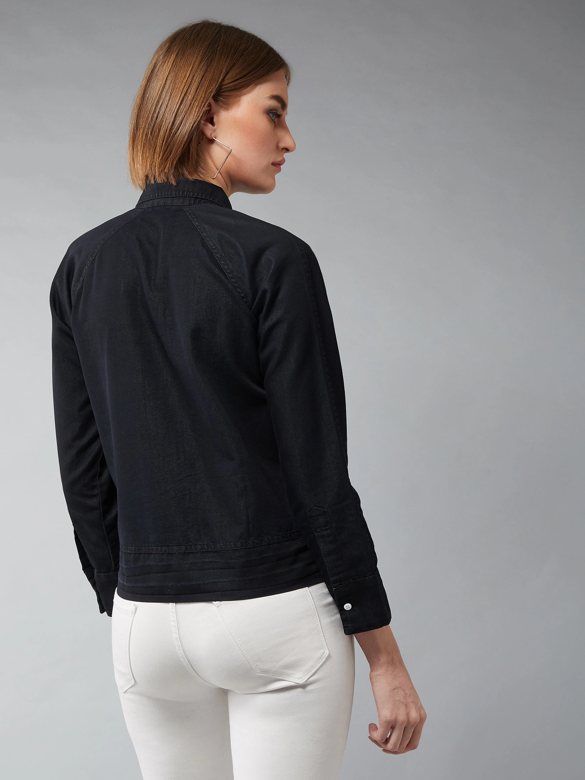 Women's Black Polo Neck Full Sleeves Flap Detailing Denim Solid Regular Length Bomber Jacket Weather Adaptive Ventilation