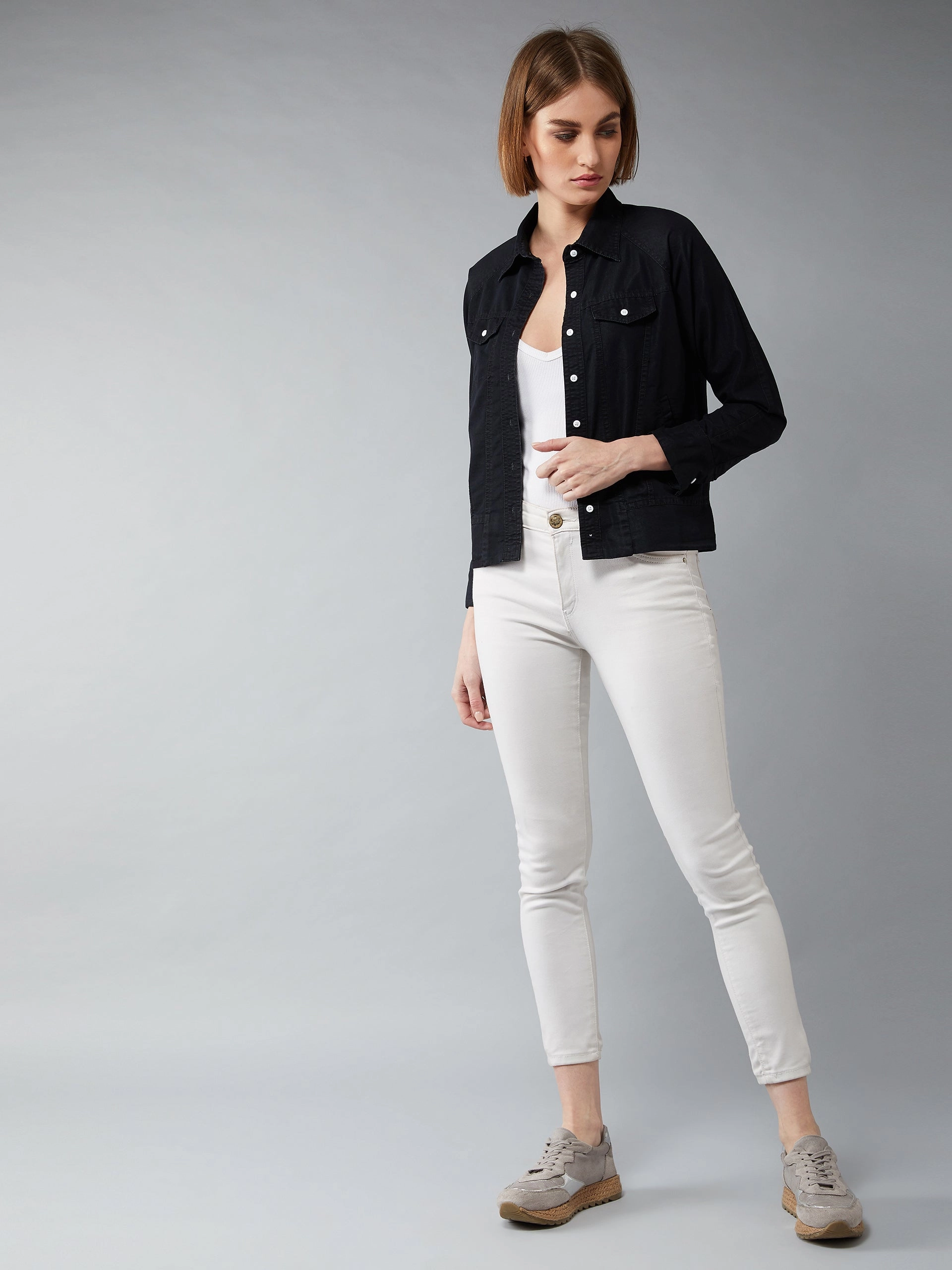 Flexible Shoulder Design Double Layered Women's Black Polo Neck Full Sleeves Flap Detailing Denim Solid Regular Length Bomber Jacket