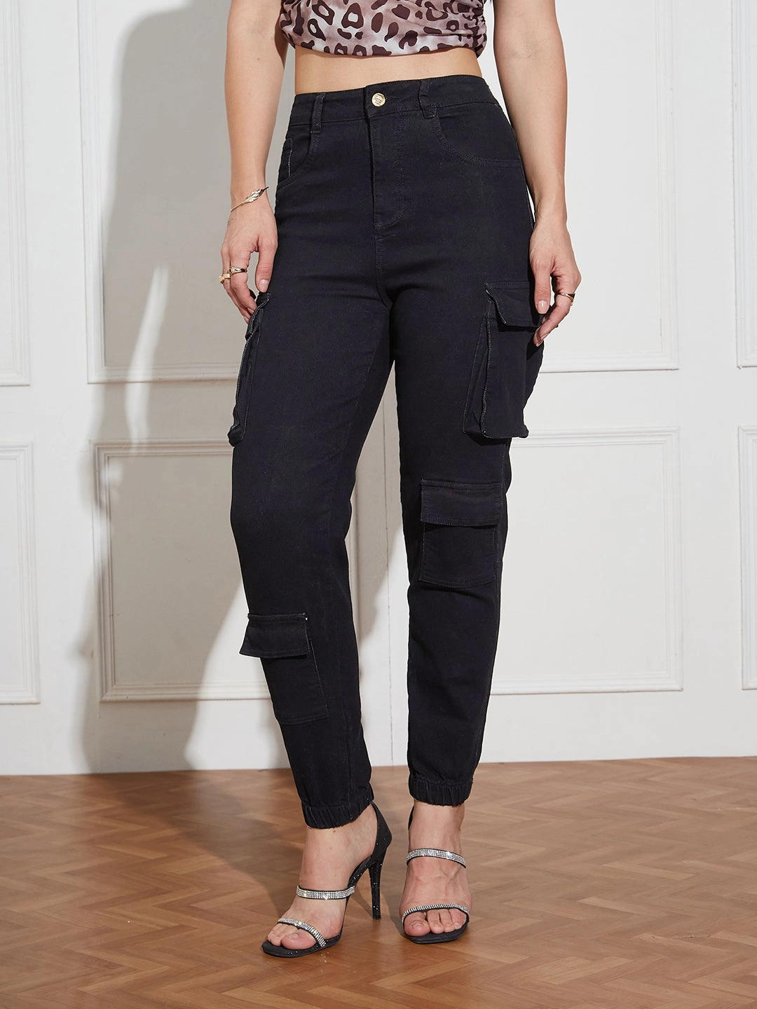 Women's Black Regular High Rise Clean Look Regular Stretchable Denim Joggers Fit and Comfort Simple Utility