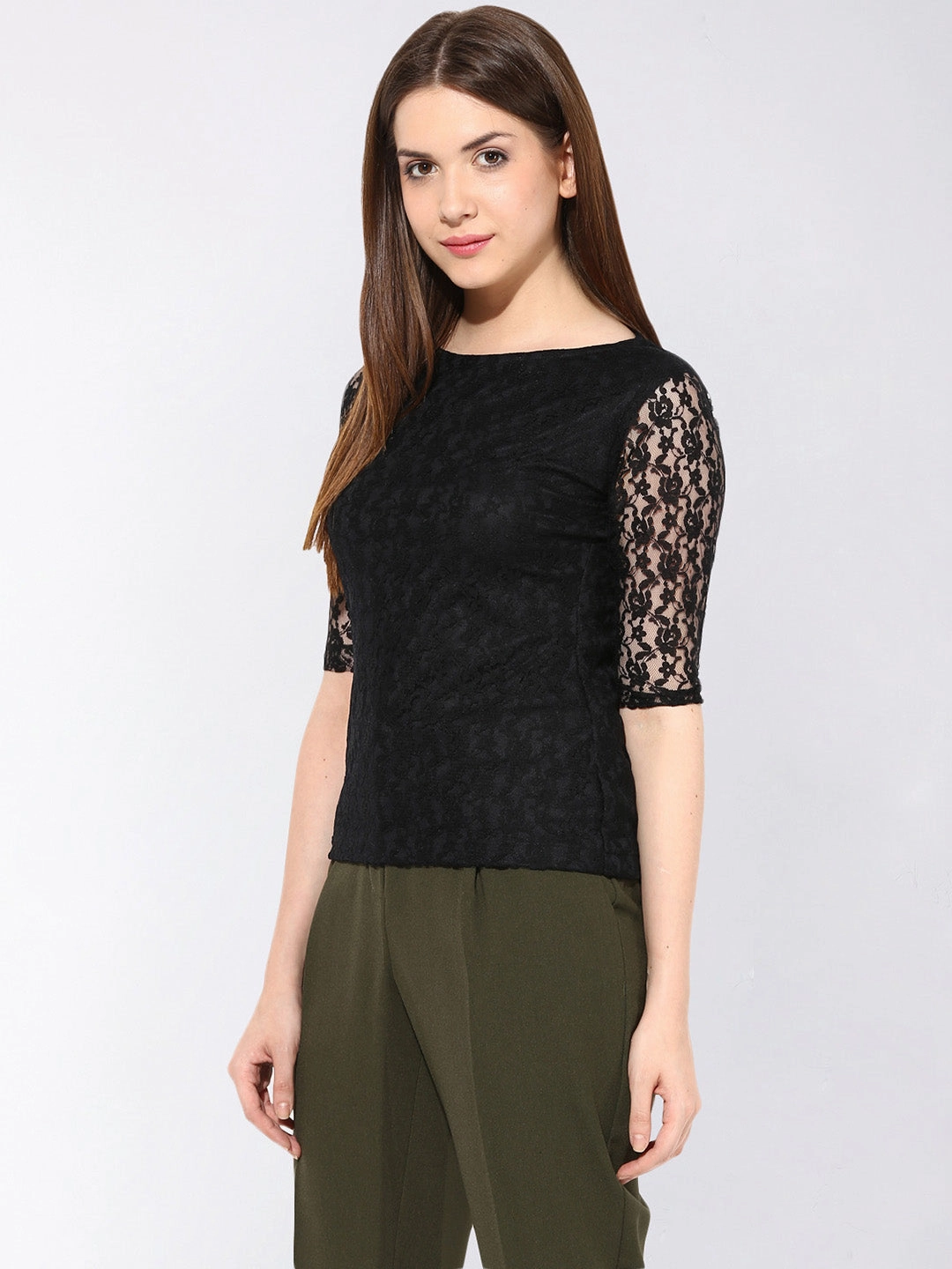 Soft Touch Fabric Women's Black Round Neck 3/4th Sleeves Lace Top