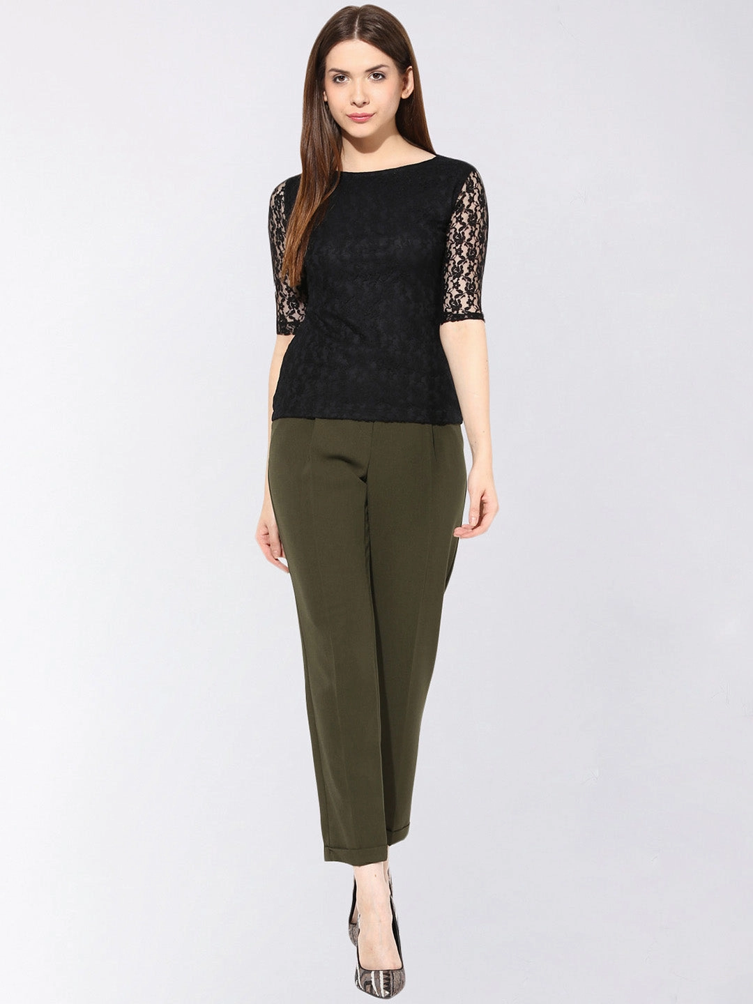 Women's Black Round Neck 3/4th Sleeves Lace Top Thermal Regulating Design