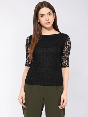 Women's Black Round Neck 3/4th Sleeves Lace Top MeshLining