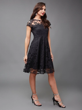 Minimalist feel Women's Black Round Neck Cap Sleeve Lace Solid Embellished Mini Skater Dress