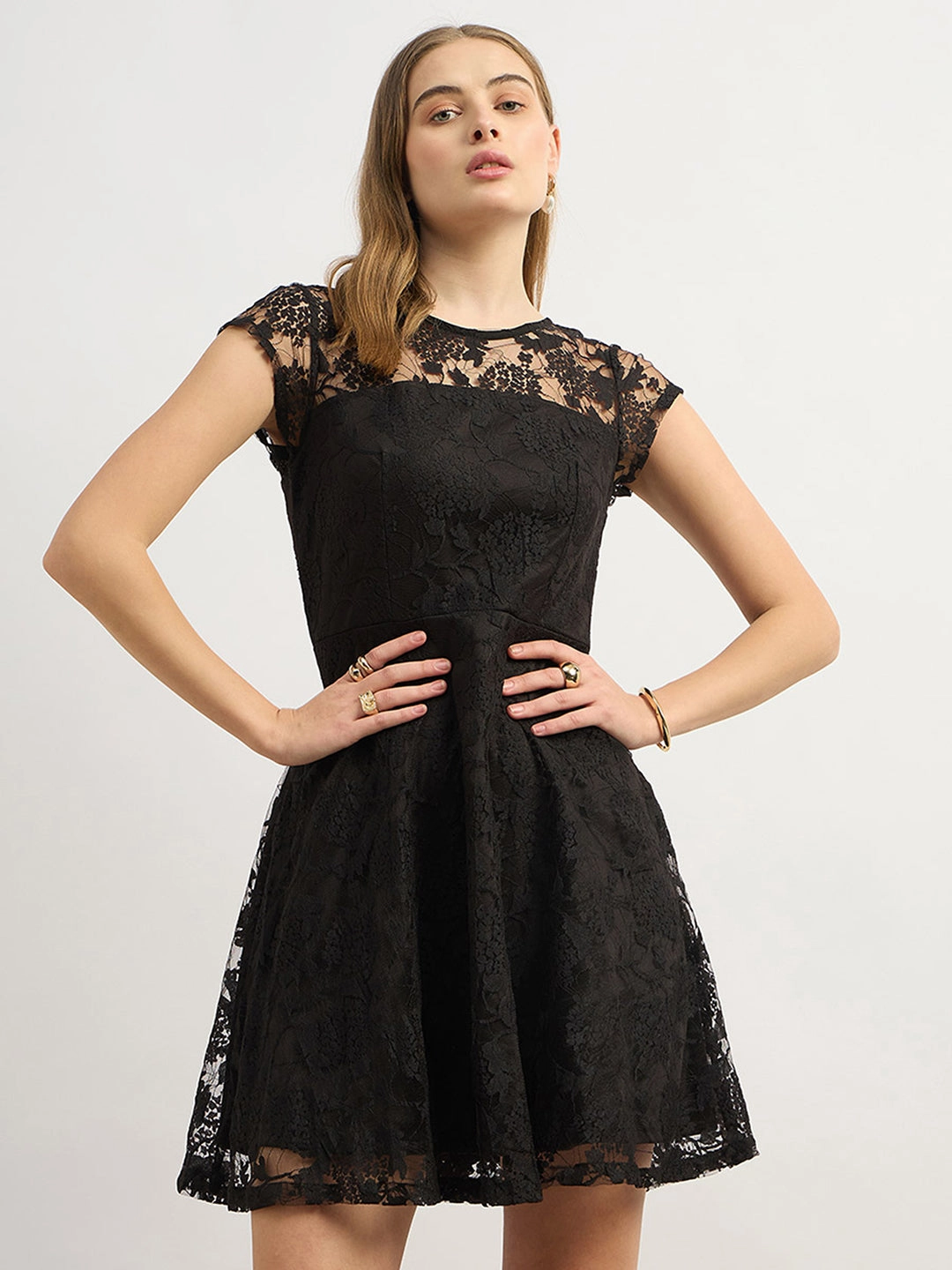 Women's Black Round Neck Cap Sleeves Low Back Lace Skater Dress Comfy Comfort Designer-Label