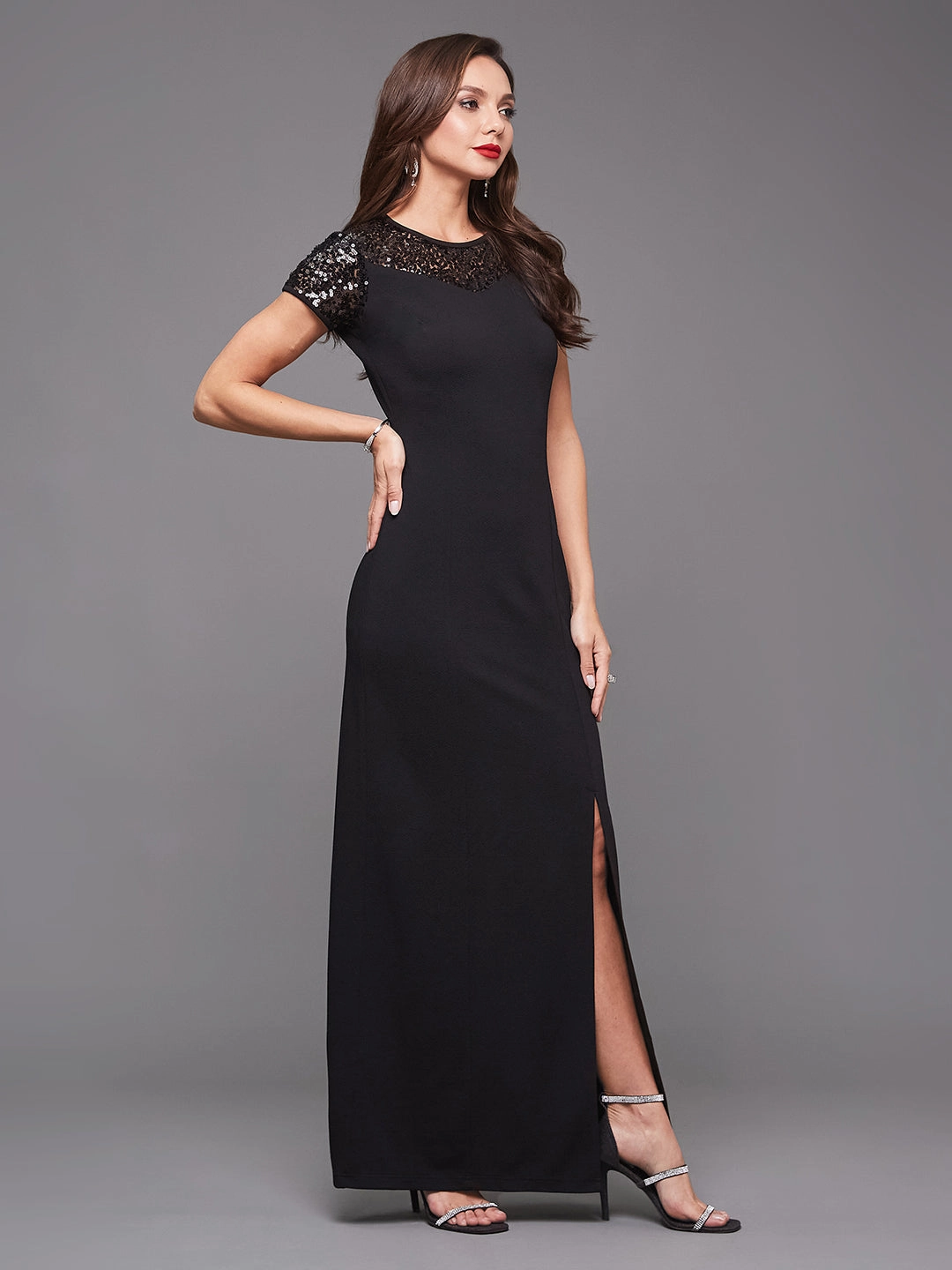 Relaxed Waistband Women's Black Round Neck Cap Sleeves Sequin Paneled Solid Bodycon Maxi Dress