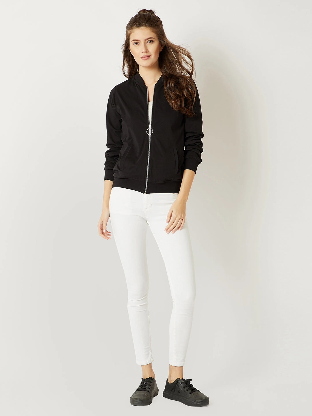 Relaxed City Style Weekend Casual Women's Black Round Neck Full Sleeve Cotton Solid Twill Tape Detailing Ring Puller Detailing Zippered Bomber Jacket