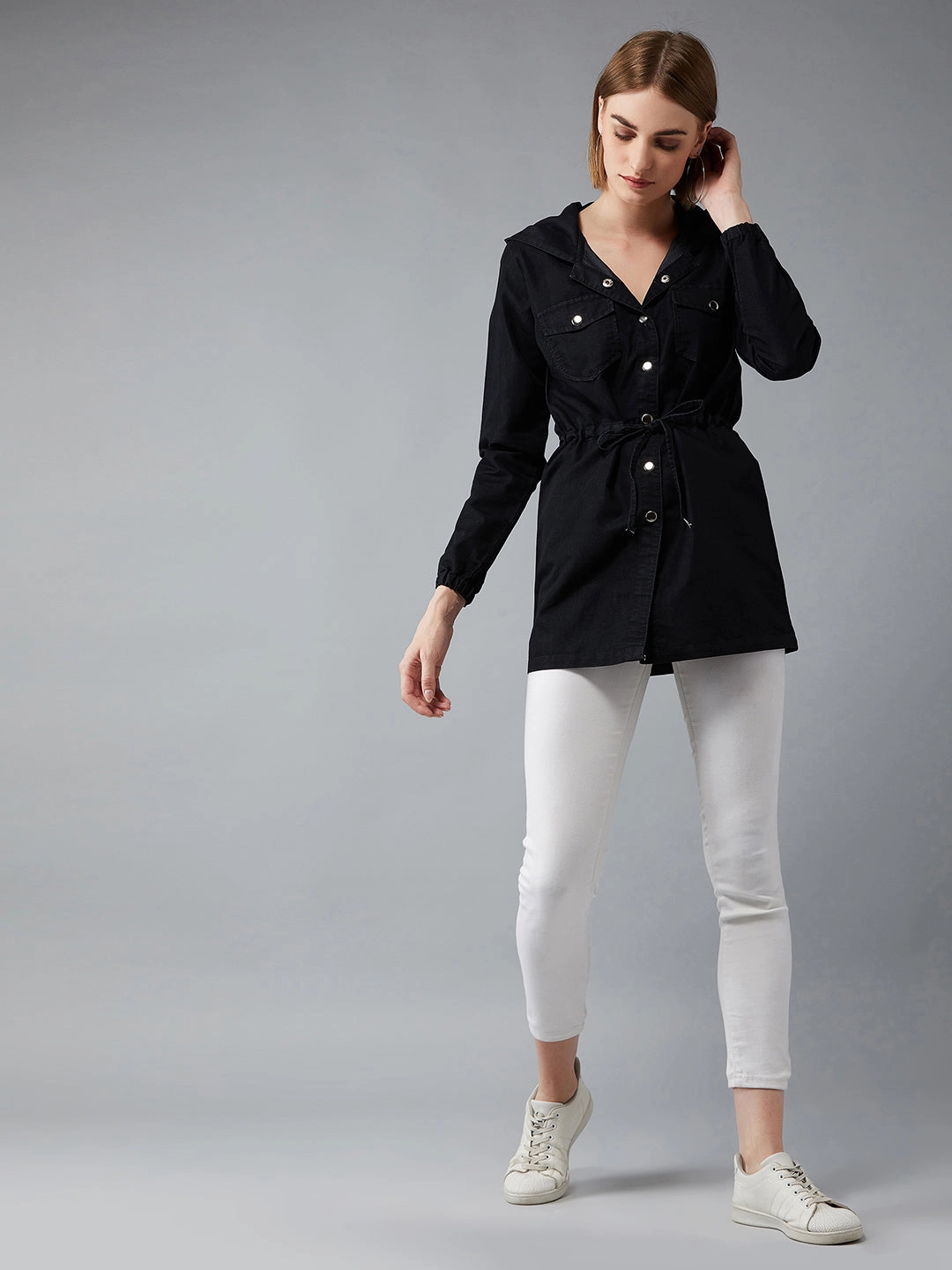 Breathable mesh lining Heat Retention Women's Black Round Neck Full Sleeve Solid Long hoodie with tie-up Regular Jacket