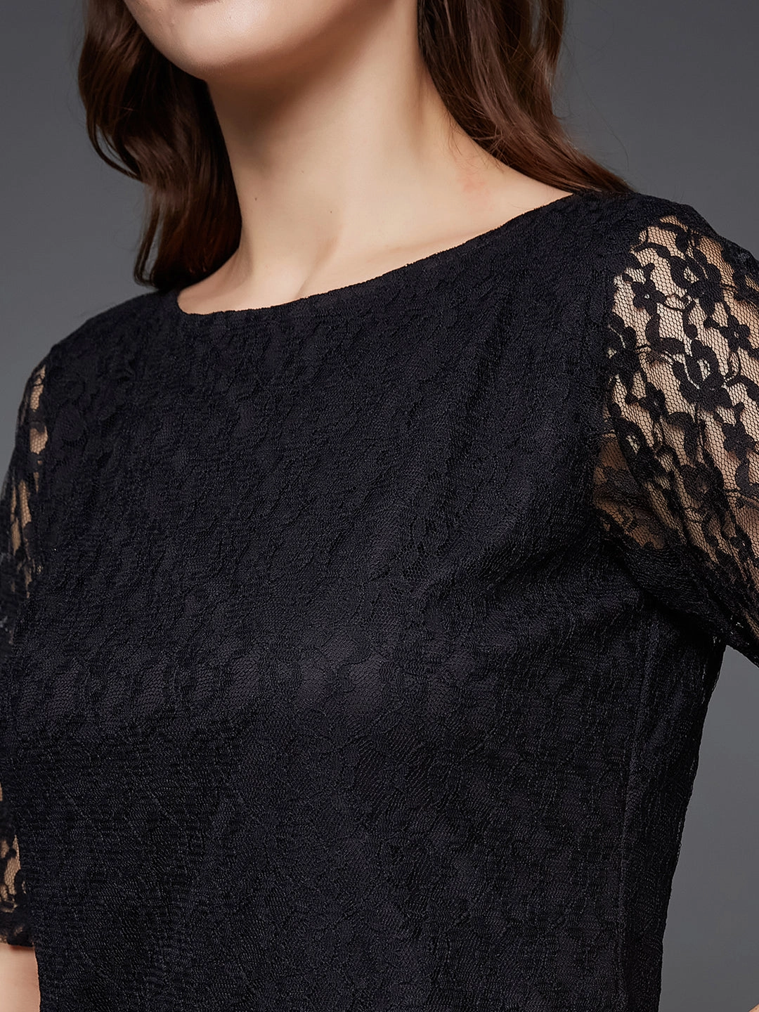 Ultrasoft Inner Lining ClassicCrewNeck Women's Black Round Neck Half Sleeves Basic Lace Crop Top