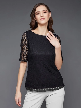 Women's Black Round Neck Half Sleeves Basic Lace Crop Top YarnDyedQuality