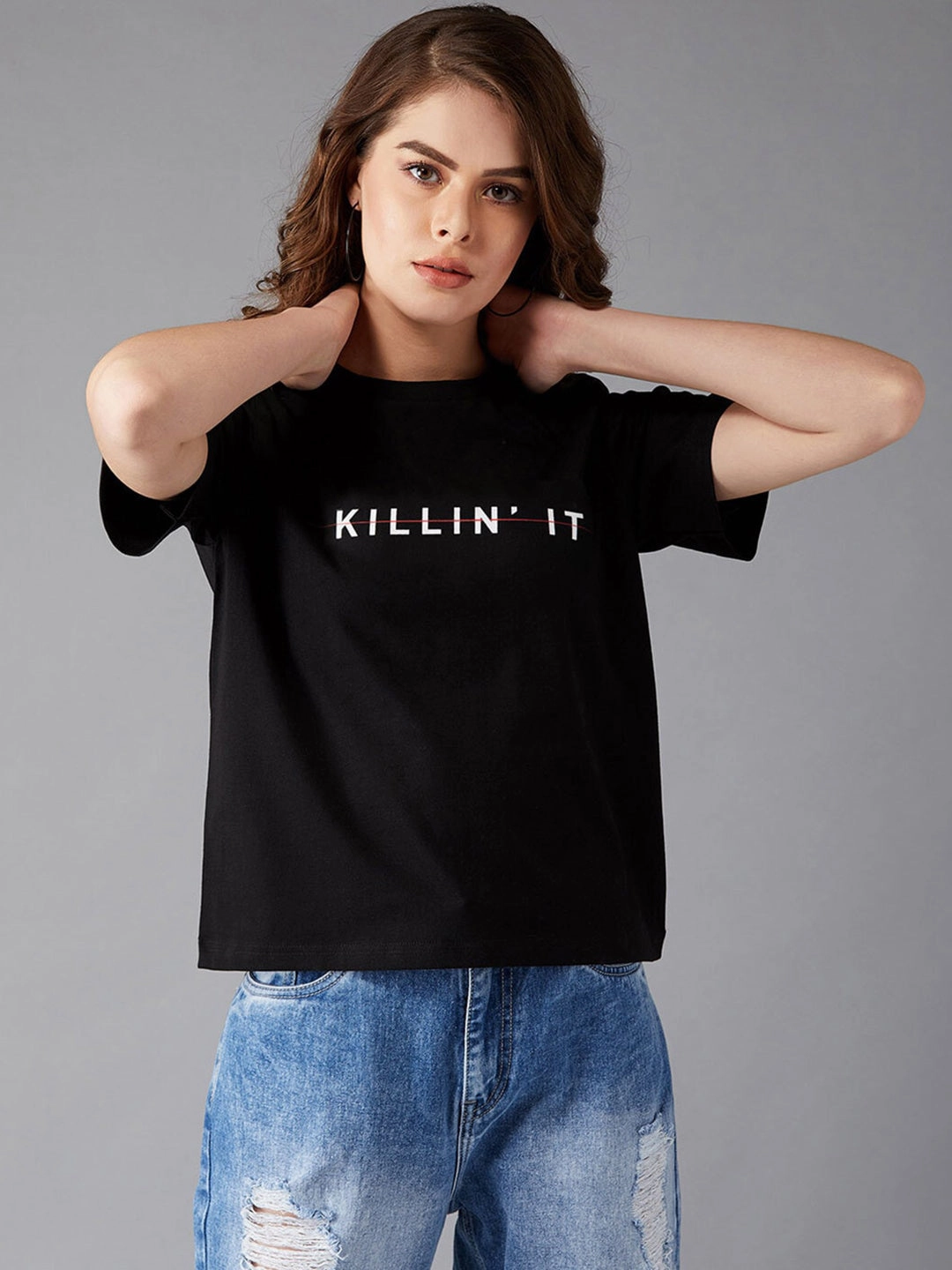 Women's Black Round Neck Short Sleeve Cropped Printed T-Shirt Long Sleeve Shirt