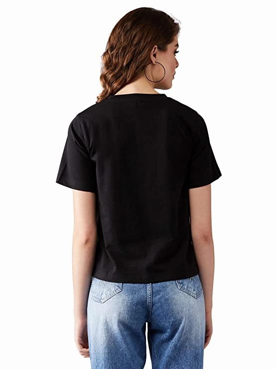 Women's Black Round Neck Short Sleeve Cropped Printed T-Shirt Breathable Design