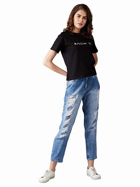 Odor Control Finish Stylish Dress Women's Black Round Neck Short Sleeve Cropped Printed T-Shirt