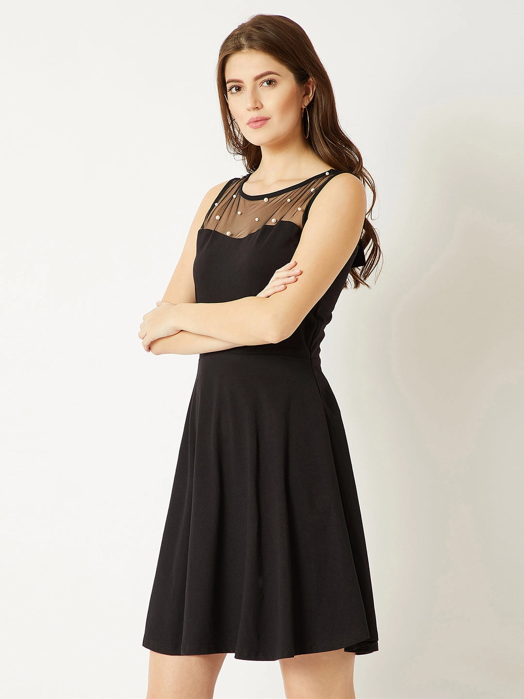 Women's Black Round Neck Sleeveless Cotton Solid Sheer And Pearl Detailing Mini Skater Dress Clean Finish