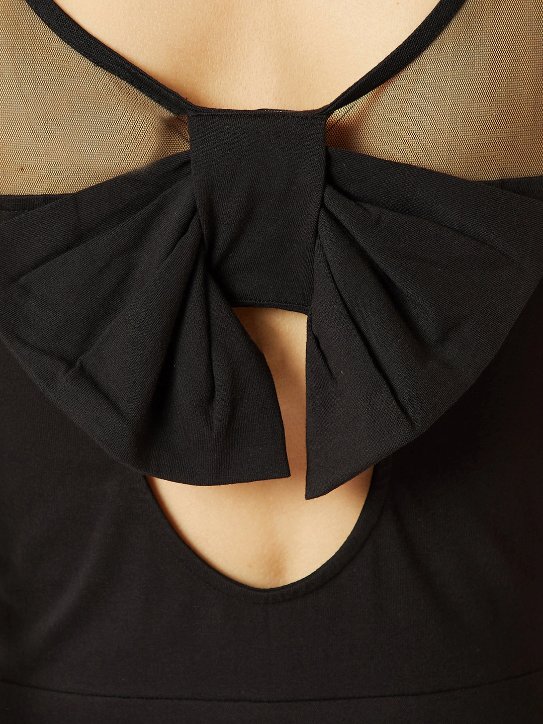 Trend Texture Layering Comfort Women's Black Round Neck Sleeveless Cotton Solid Sheer And Pearl Detailing Mini Skater Dress