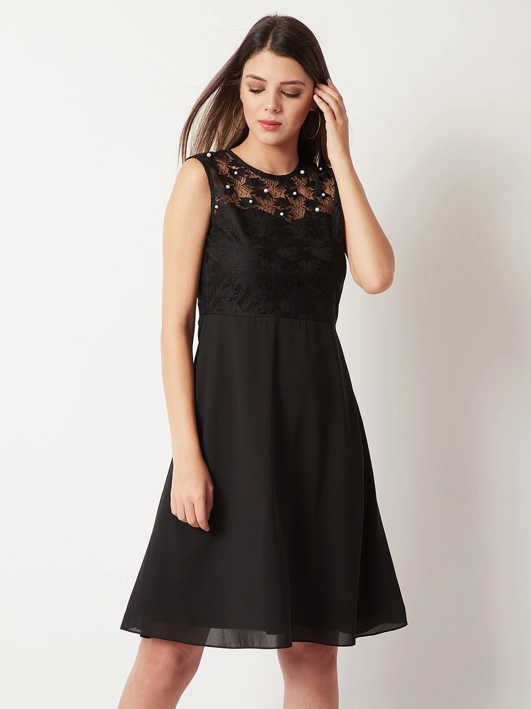 Women's Black Round Neck Sleeveless Solid Paneled Lace And Pearl Detailing Knee Length Skater Dress Petite friendly