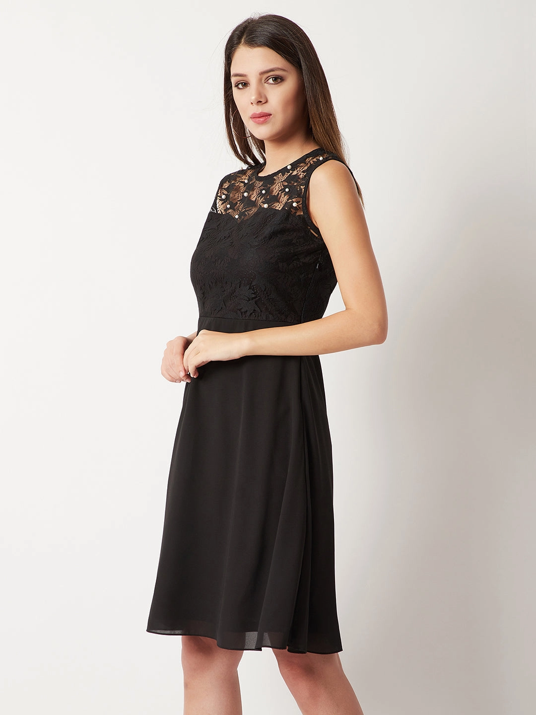 Women's Black Round Neck Sleeveless Solid Paneled Lace And Pearl Detailing Knee Length Skater Dress Fall Inspired