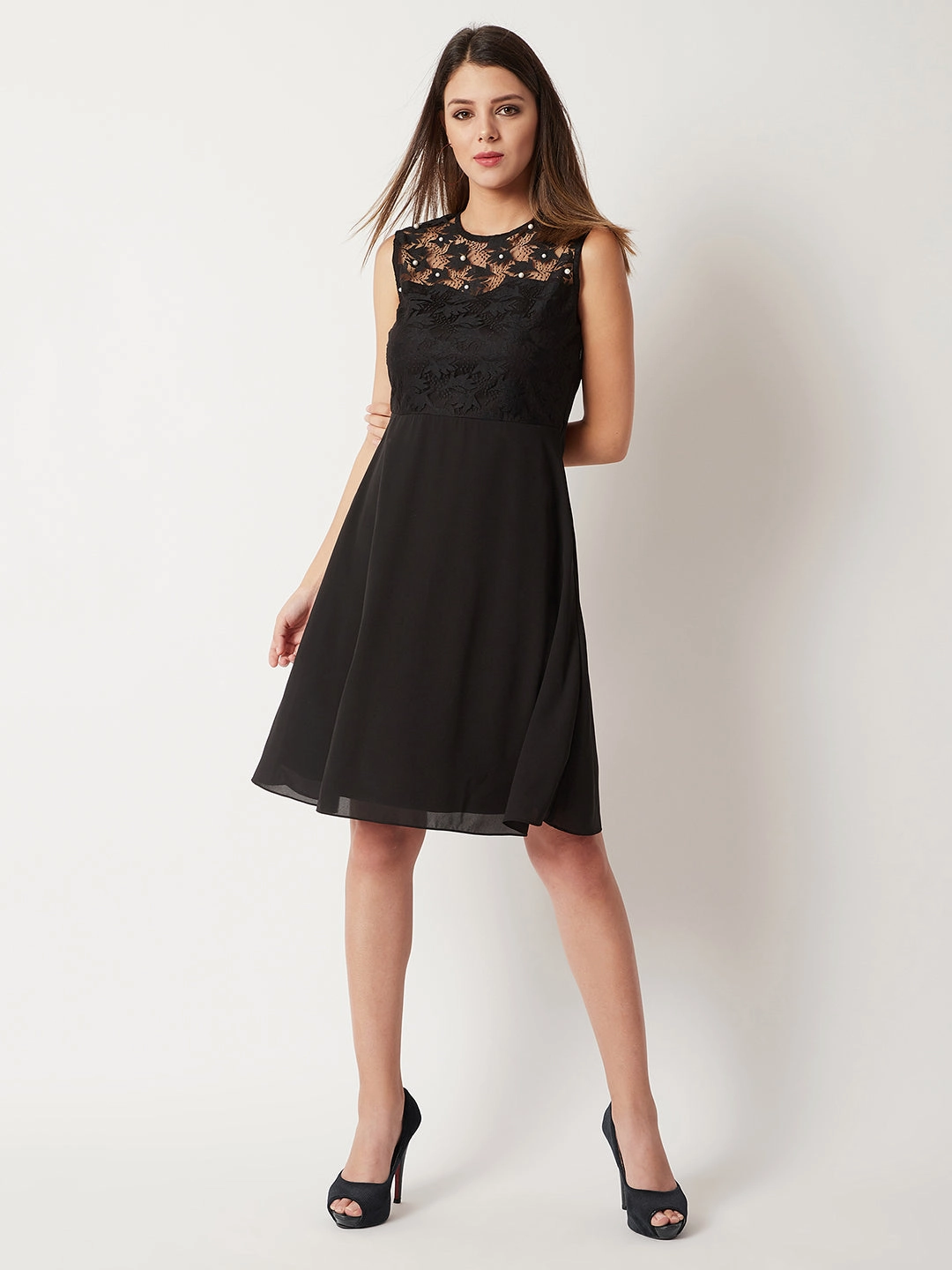 Women's Black Round Neck Sleeveless Solid Paneled Lace And Pearl Detailing Knee Length Skater Dress Chill Vibes Statement Mood