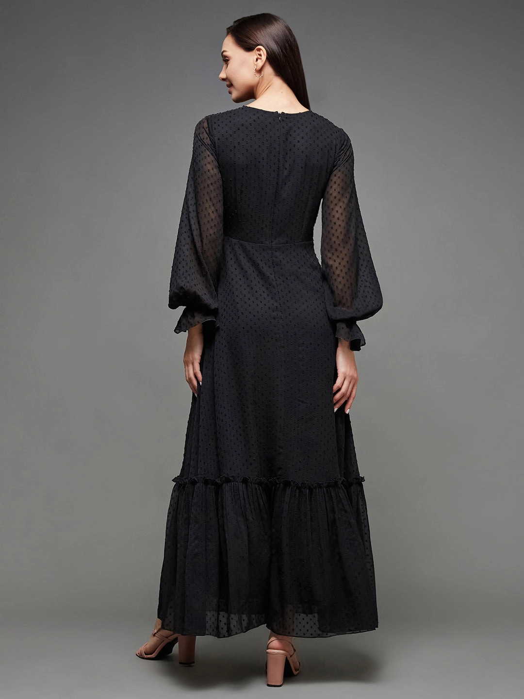 Women's Black Self Design V-Neck Bishop Sleeves Chiffon Wrap Maxi Dress Winter Wrap