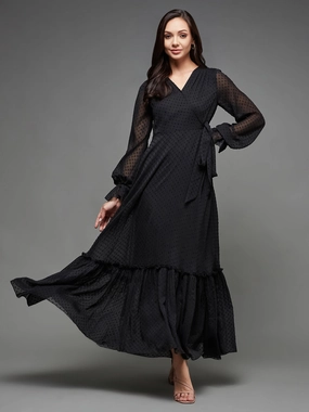Air Beauty Korean Mood Women's Black Self Design V-Neck Bishop Sleeves Chiffon Wrap Maxi Dress