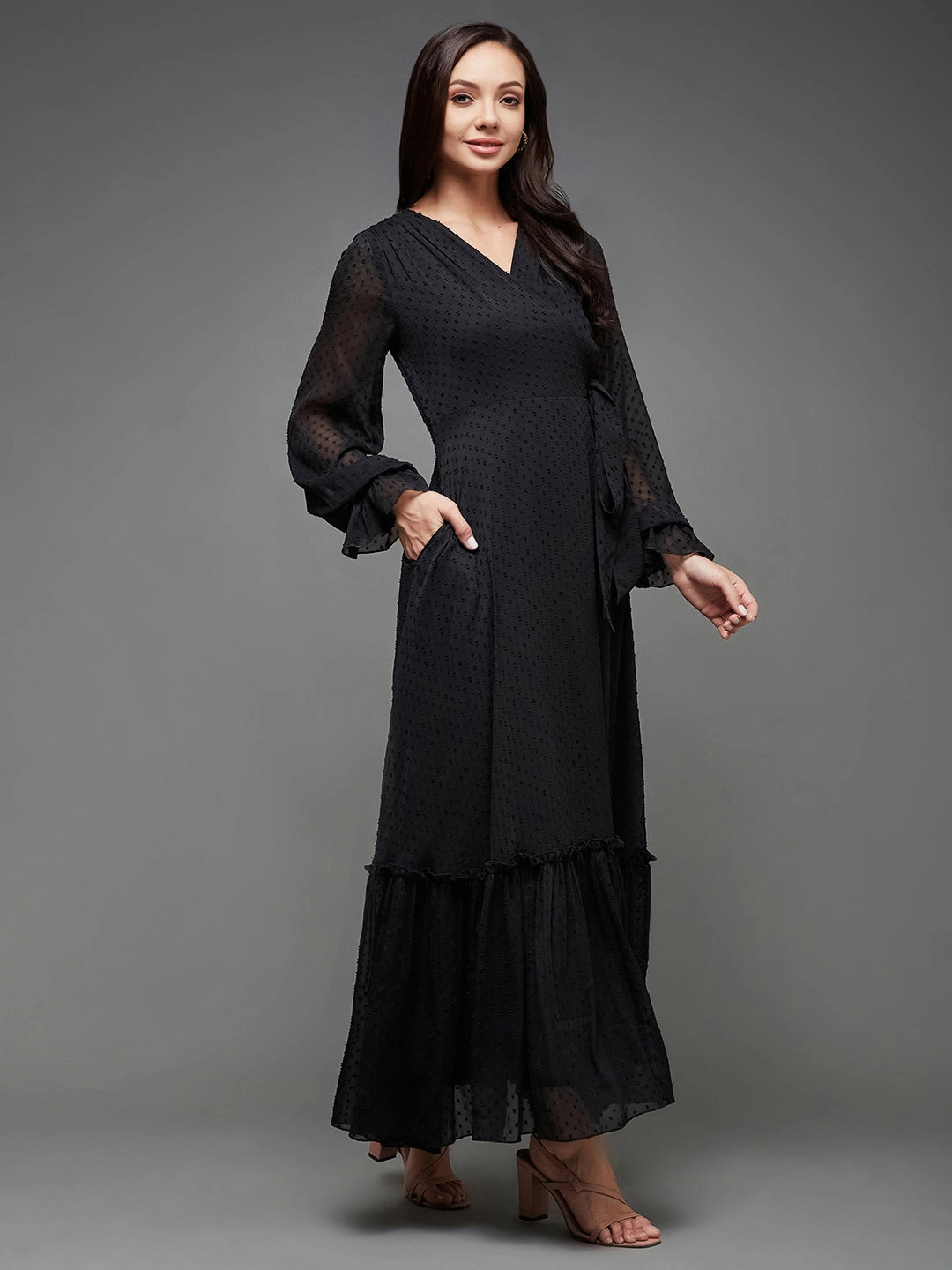 Women's Black Self Design V-Neck Bishop Sleeves Chiffon Wrap Maxi Dress Comfortable Waist Design Fit