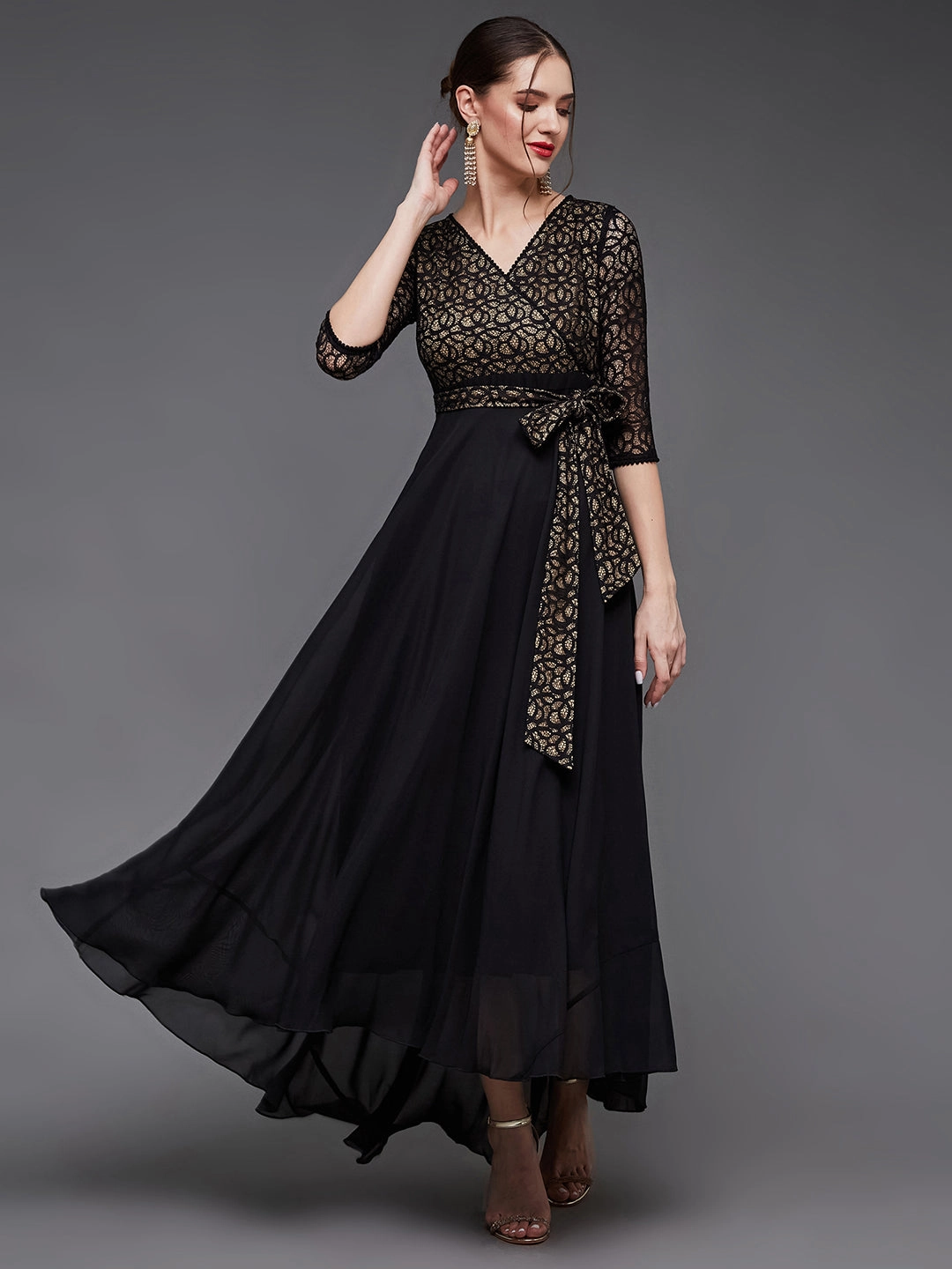 summer look Women's Black Self-Designed Relaxed Fit V-Neck 3/4th Sleeve Georgette Lace Maxi Dress
