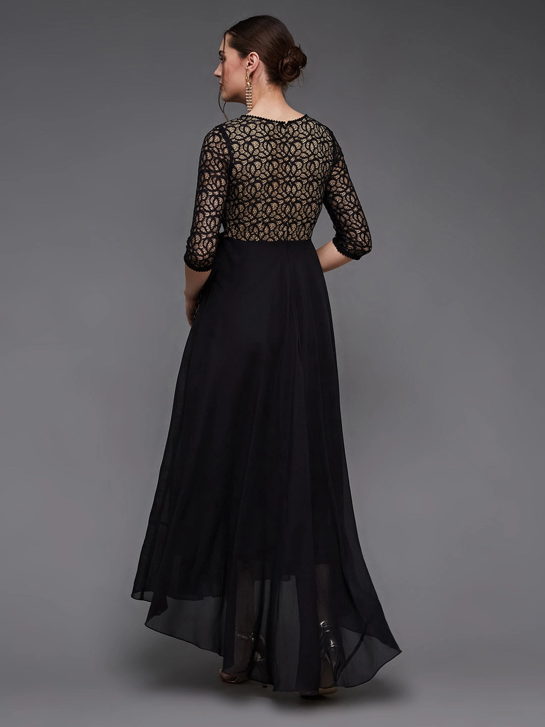 Summer Soft Sheer Panel Women's Black Self-Designed Relaxed Fit V-Neck 3/4th Sleeve Georgette Lace Maxi Dress