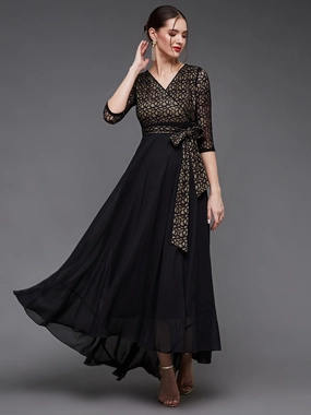 summer look Women's Black Self-Designed Relaxed Fit V-Neck 3/4th Sleeve Georgette Lace Maxi Dress