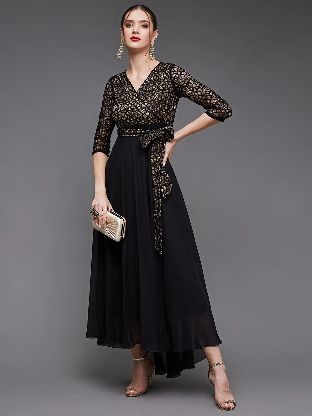 Smart Look Bright Bloom Women's Black Self-Designed Relaxed Fit V-Neck 3/4th Sleeve Georgette Lace Maxi Dress