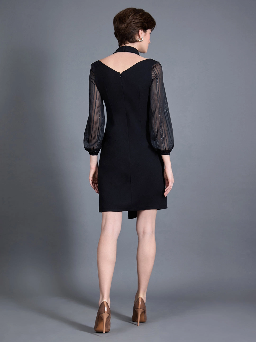 Draped Layer Emerging-Brand Women's Black Shawl Collar Bishop Sleeves Solid Double Breasted Knee Length Dress