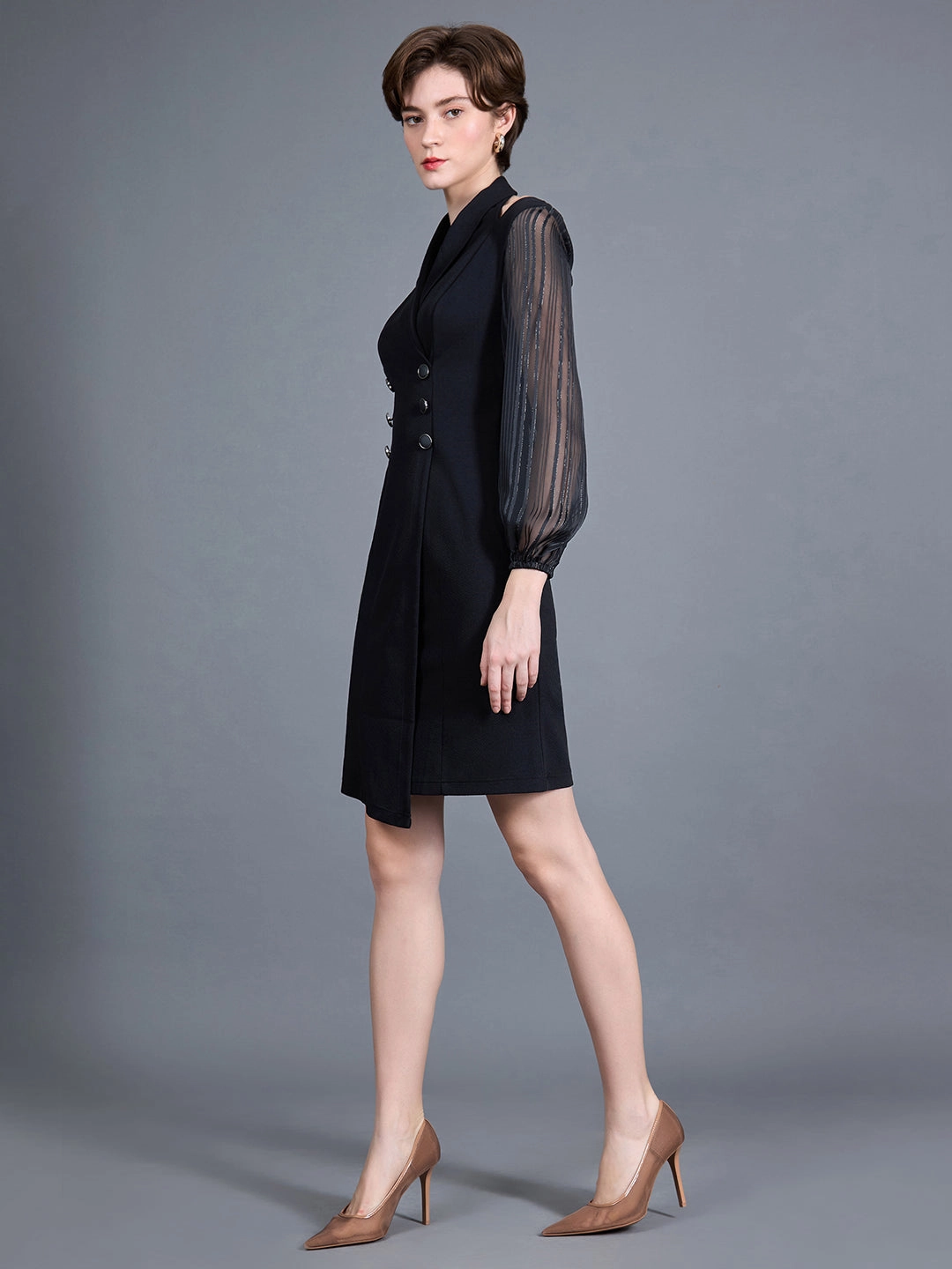 Women's Black Shawl Collar Bishop Sleeves Solid Double Breasted Knee Length Dress Timeless Style Scandi Light